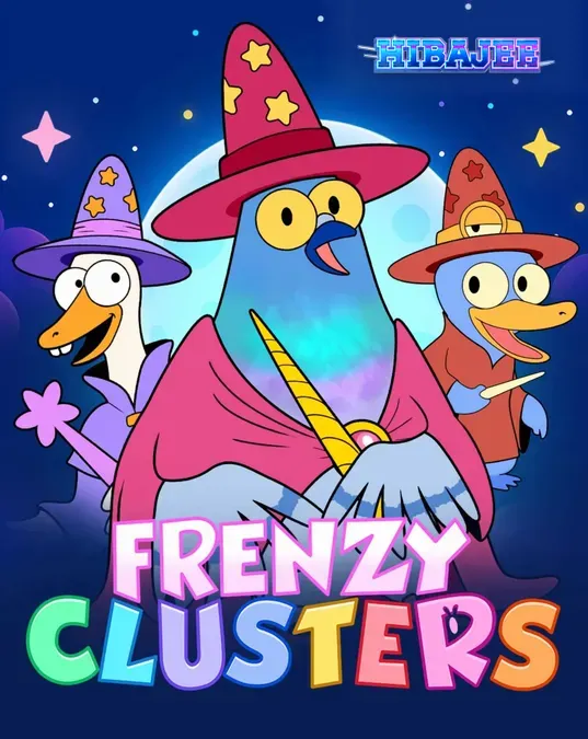 Frenzy Clusters slot game interface featuring colorful fantasy symbols and hero selection menu.